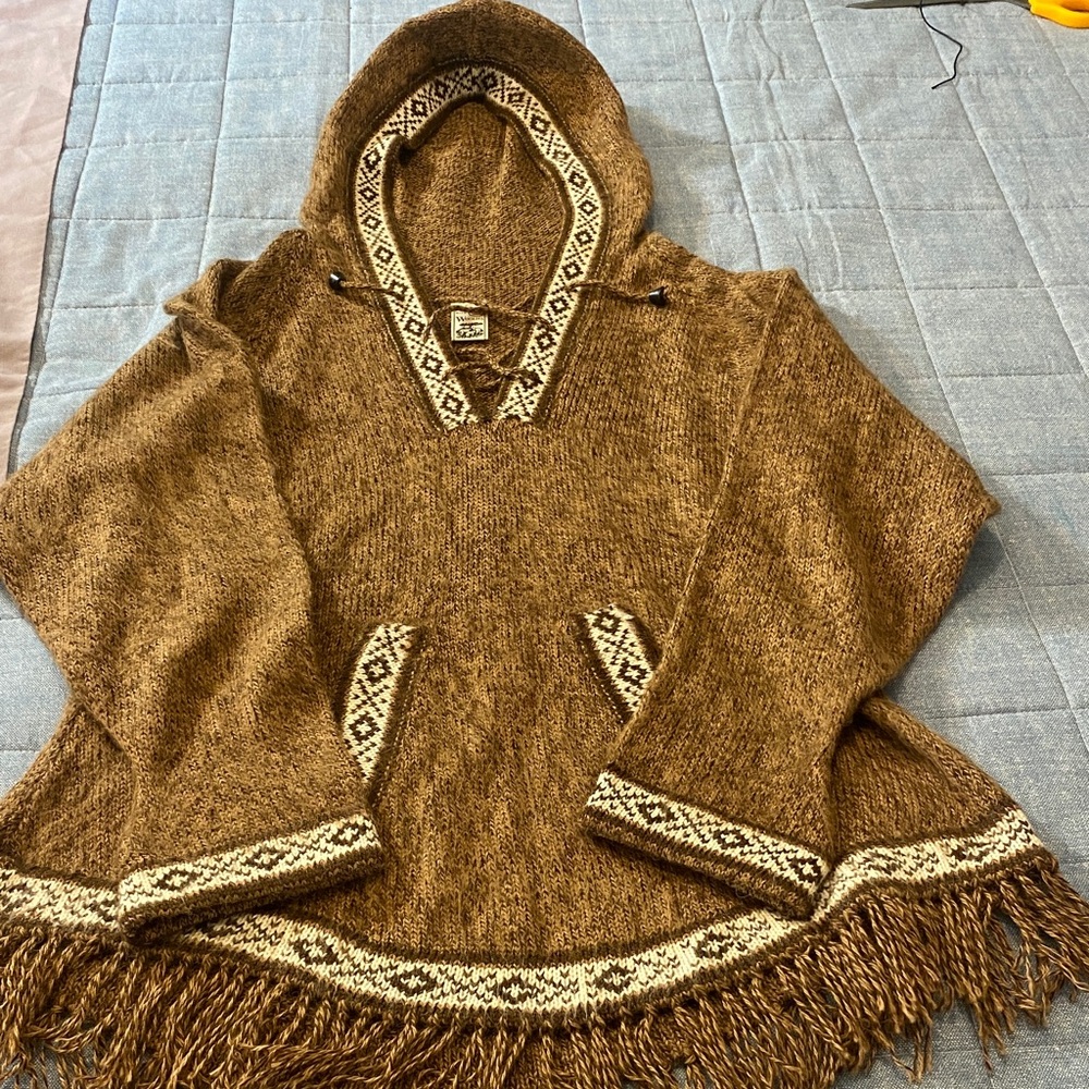 Soft 100% Alpaca Boho Brown Fringed Hooded Sweater